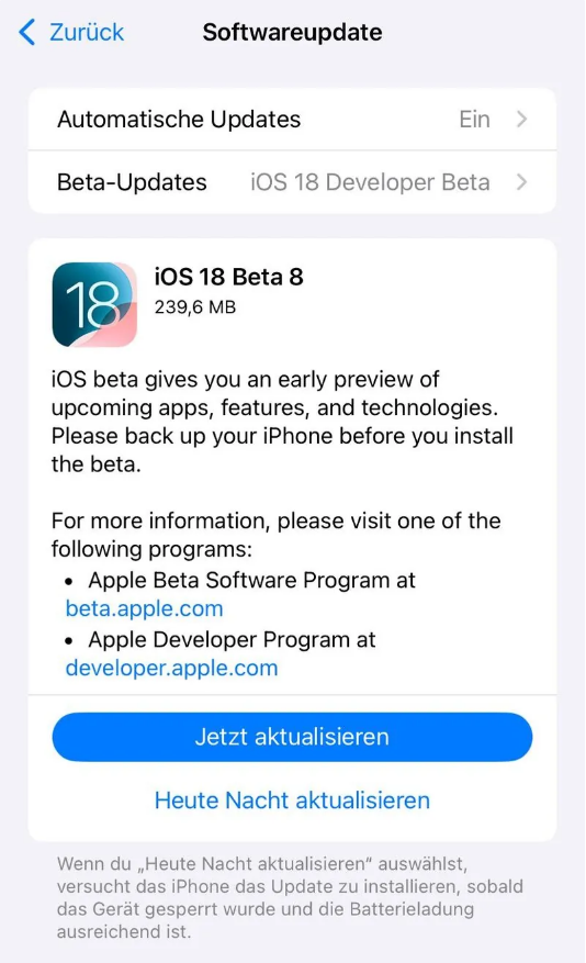 中原苹果手机维修分享苹果 iOS / iPadOS 18 开发者预览版 Beta 8 发布 